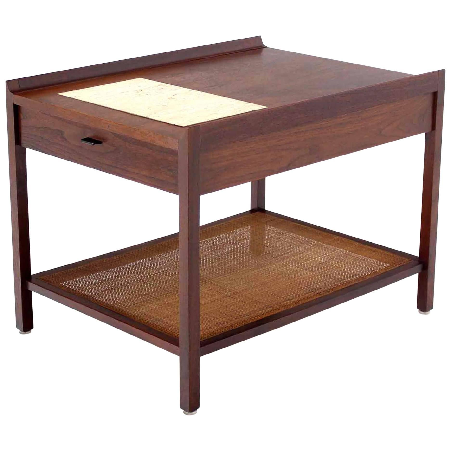 Walnut Side End Table with Travertine Insert & Cane Shelf