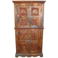 19th Century Antique Indian Teak Painted Armoire