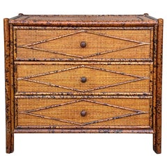 English British Colonial Style Burnt Bamboo / Faux Tortoise Commode / Chest