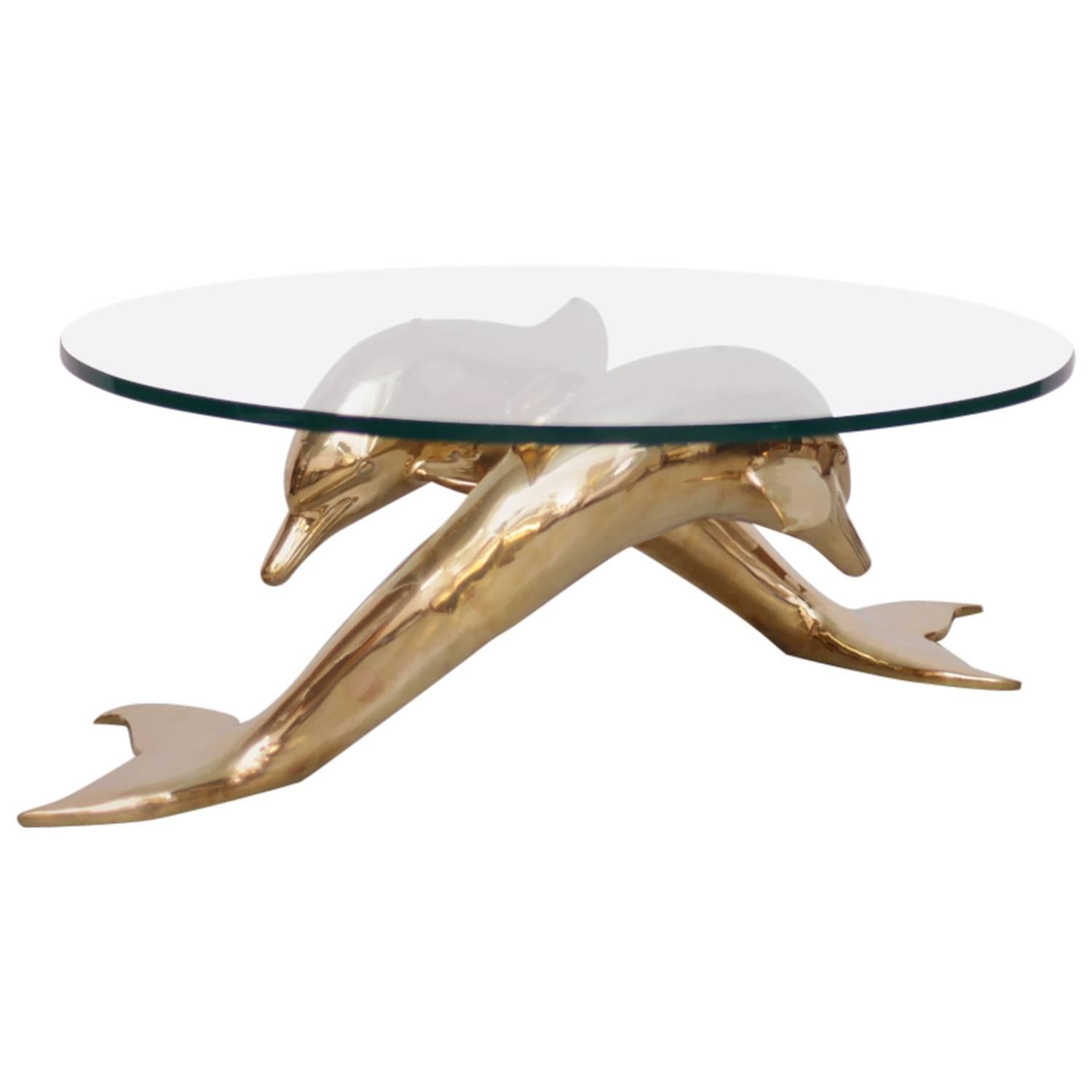 Brass Coffee Table in Form of Two Dolphins For Sale