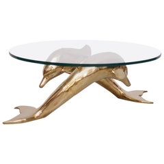 Retro Brass Coffee Table in Form of Two Dolphins