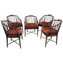 Regency Faux Brown Bamboo and Rust Velvet Vintage Dining Chairs Set 5 By Baker