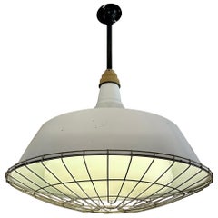 Industrial Pendant w/ Metal Cage Over Enamel and Milk Glass