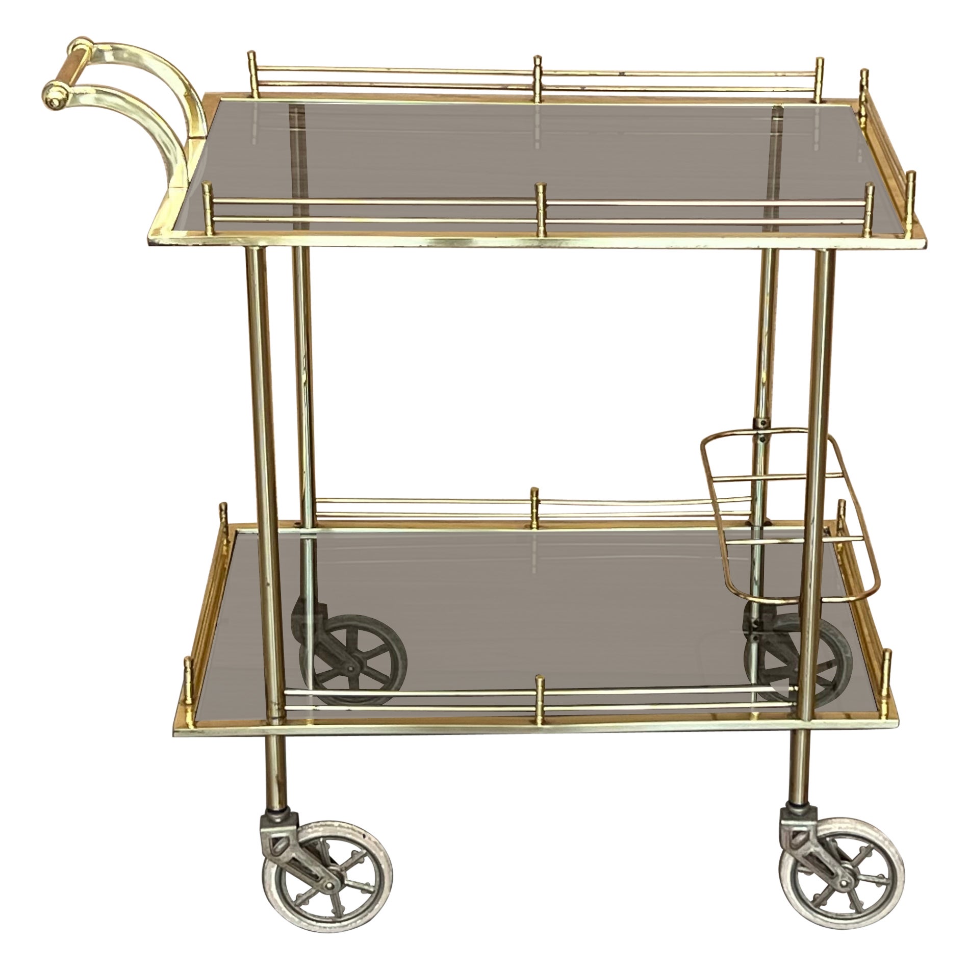 Art-Déco-Barwagen aus Messing mit zweistufigem Rauchglas