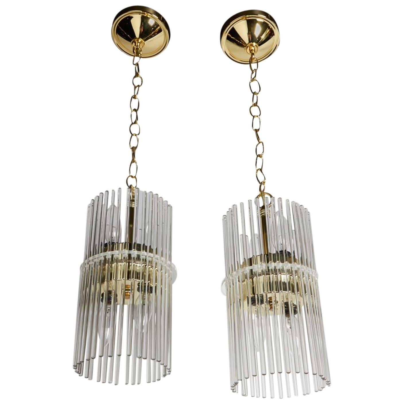 Pair of Mid-Century Modern Glass Rod Pendant Chandeliers by Lightolier