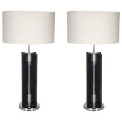 Pair of Vintage Architectural Lamps in Smoked Grey Plexiglass and Chrome