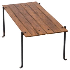 Pine Slats & "Fer Battu" Iron Coffee Table in style of Adnet - France 1960's