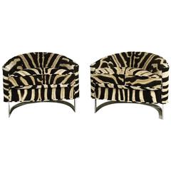 Pair of Milo Baughman Club Chairs with Chrome Frame in Zebra Hide