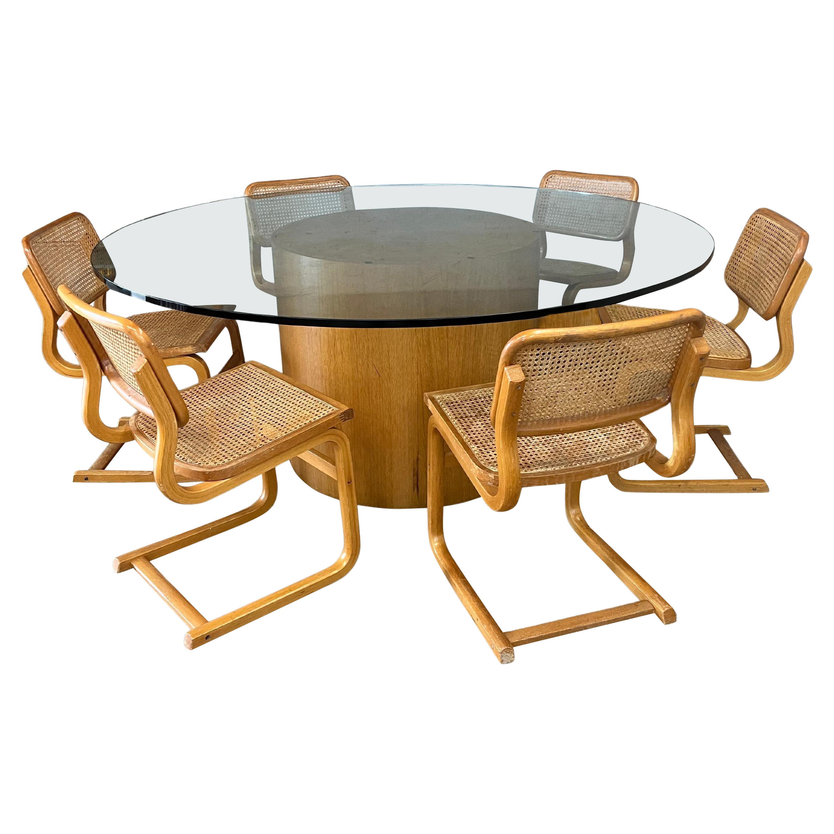 Large Mid Century Modern Round Glass Dining Table, Oak