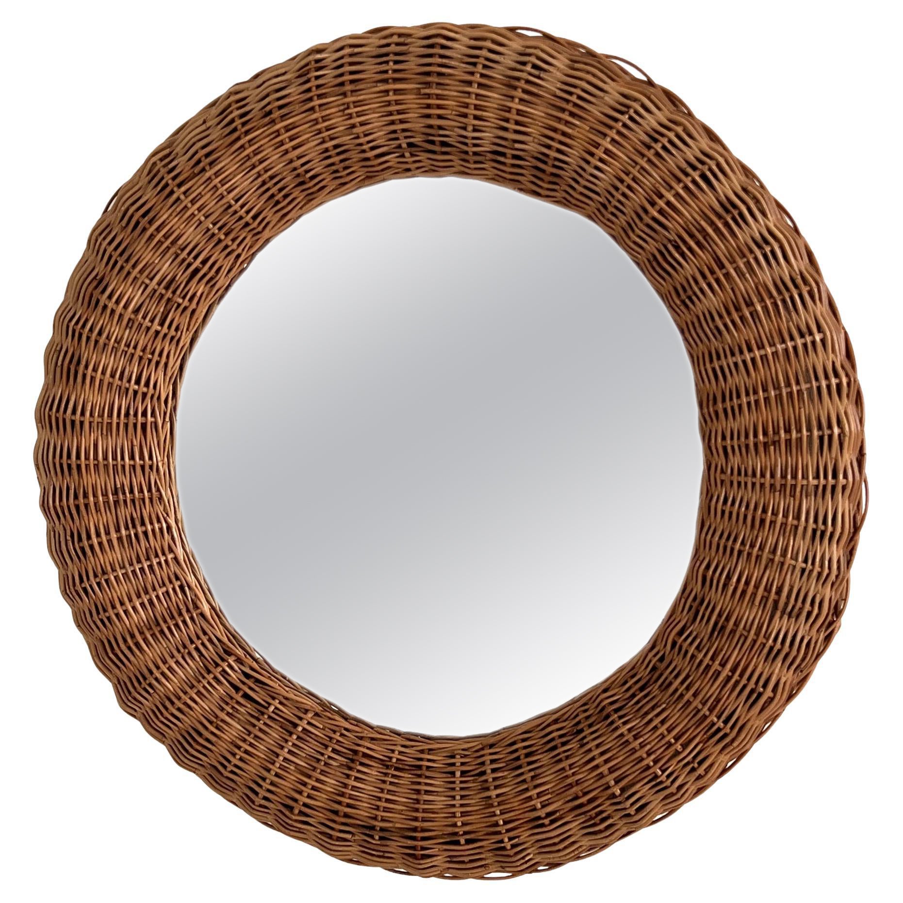 Italian Organic Round Wall Mirror in Rattan, 1970s