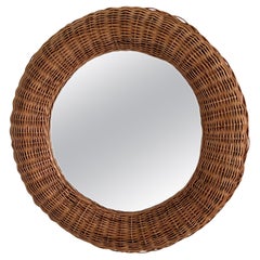 Italian Organic Round Wall Mirror in Rattan, 1970s