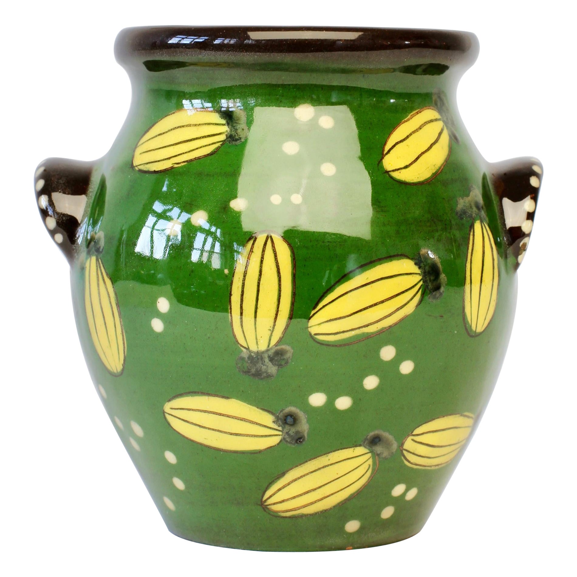 Mid-Century Swiss Studio Pottery Grün & Gelb Vase Topf Schweiz circa 1950s im Angebot