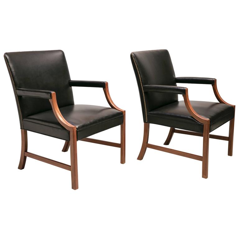 Pair of Armchairs in Black Leather with Brass Nails and Mahogany by Ole