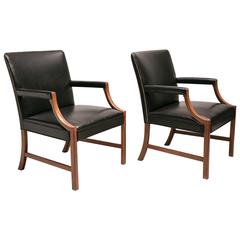 Pair of Armchairs in Black Leather with Brass Nails and Mahogany by Ole Wanscher 7