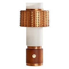 Designer danois, lampe de table, teck, cuivre, verre, Danemark, années 1950
