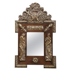 19th Century French Napoleon III Repousse Brass and Pine Wall Mirror