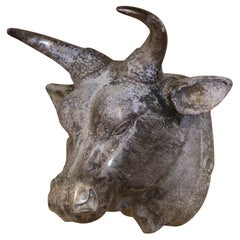 Vintage French Patinated Iron Butcher Bull Head Wall Sculpture