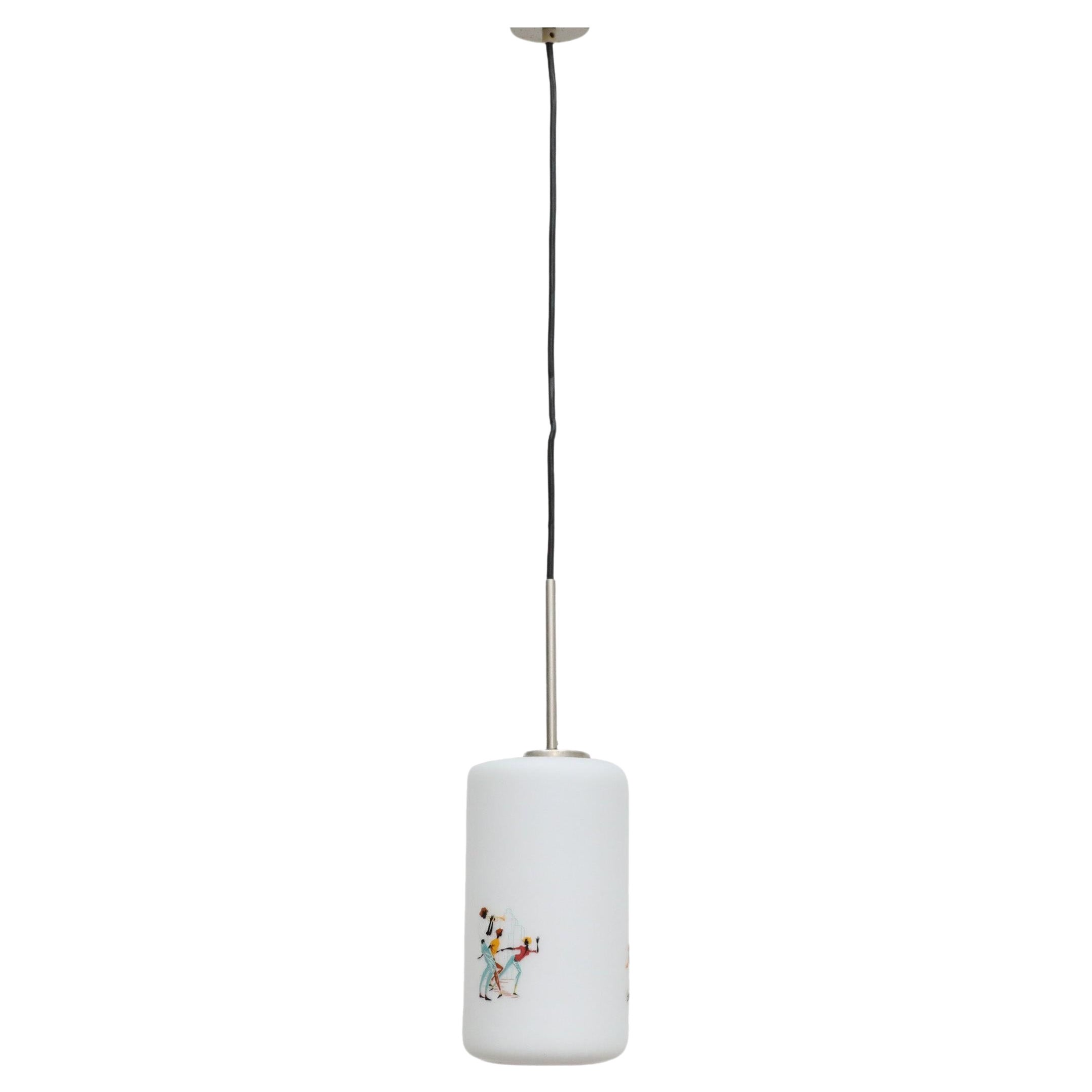 1950's Hand-Painted Milk Glass Pendant Lamp w/ People Dancing and Playing Music For Sale
