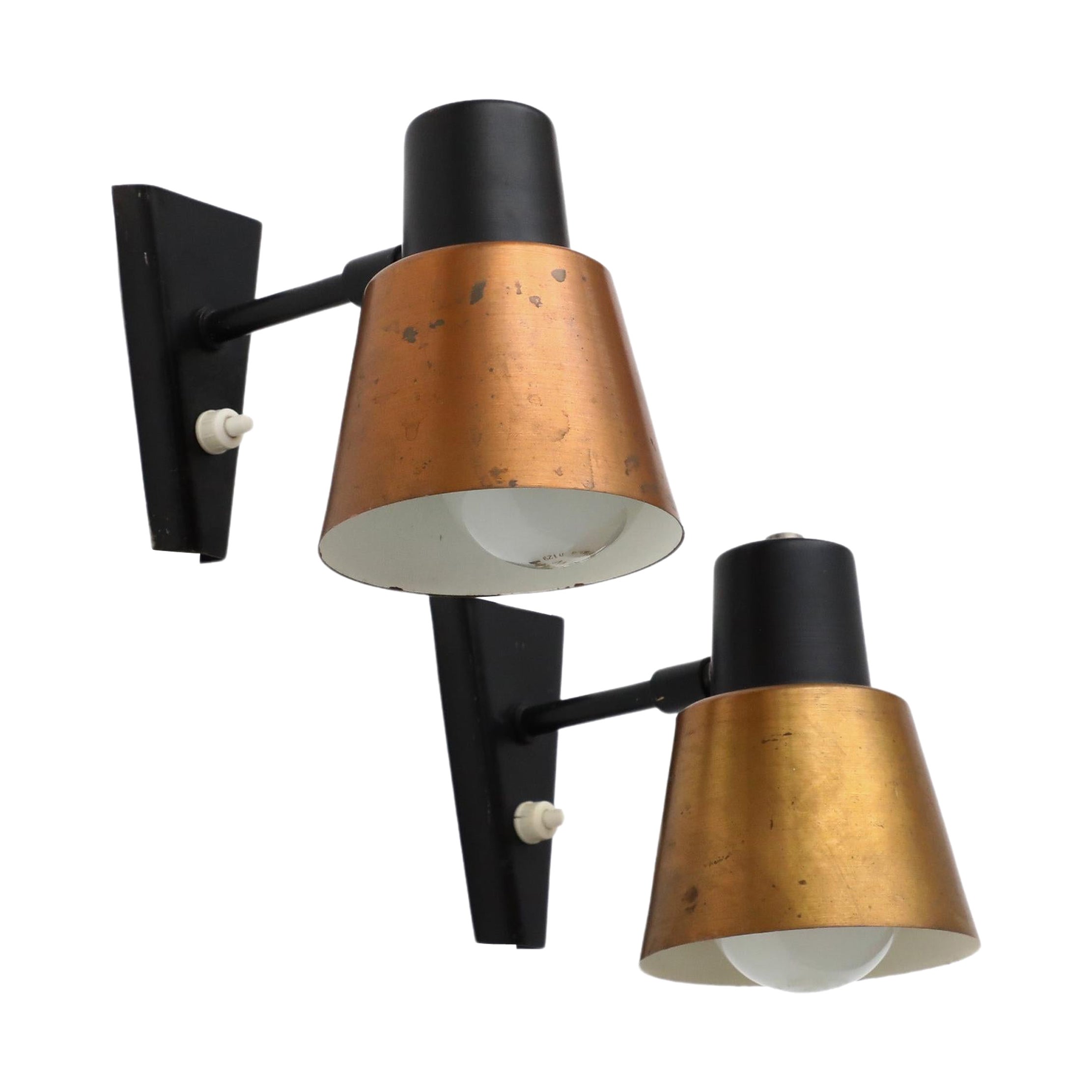 1960's Hala Zeist Copper and Black Metal Wall Mount Spot Light Sconces For Sale