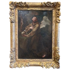 Antique 18th Century French Painting on Canvas in Gilt Frame "Saint Francois en Extase"