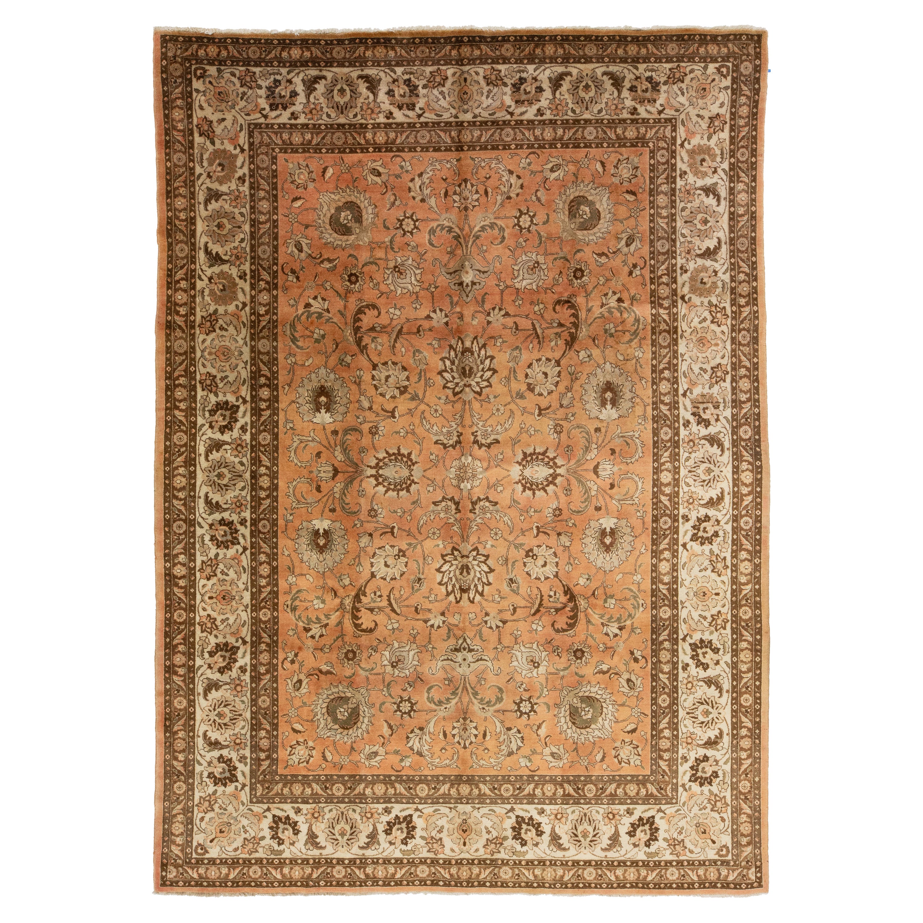Antique Peach Persian Tabriz Wool Rug Floral Designed