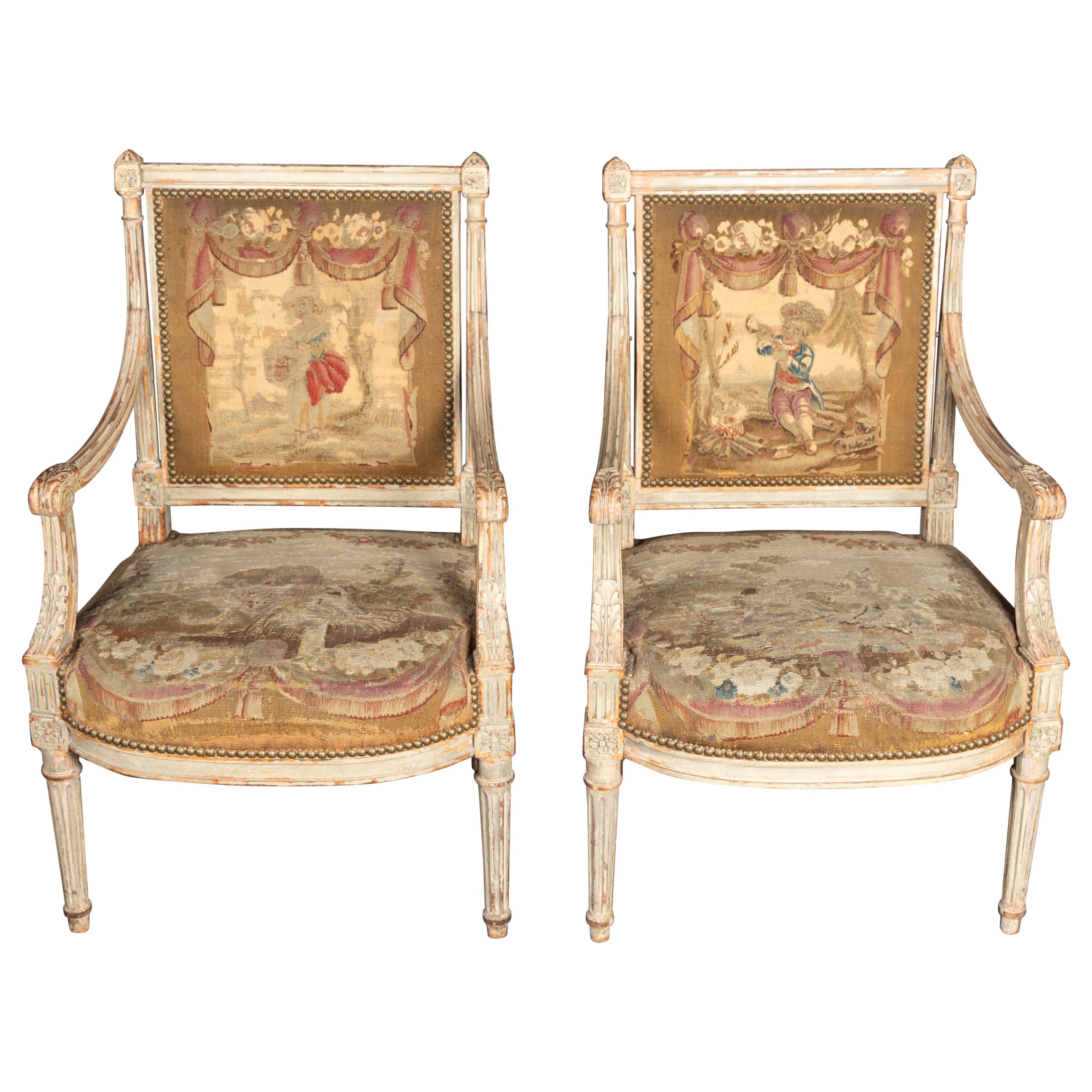 Pair of  French Late 18th Century Louis XVI Carved, Painted Fauteuil Armchairs