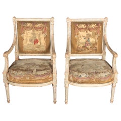 Pair of  French Late 18th Century Louis XVI Carved, Painted Fauteuil Armchairs