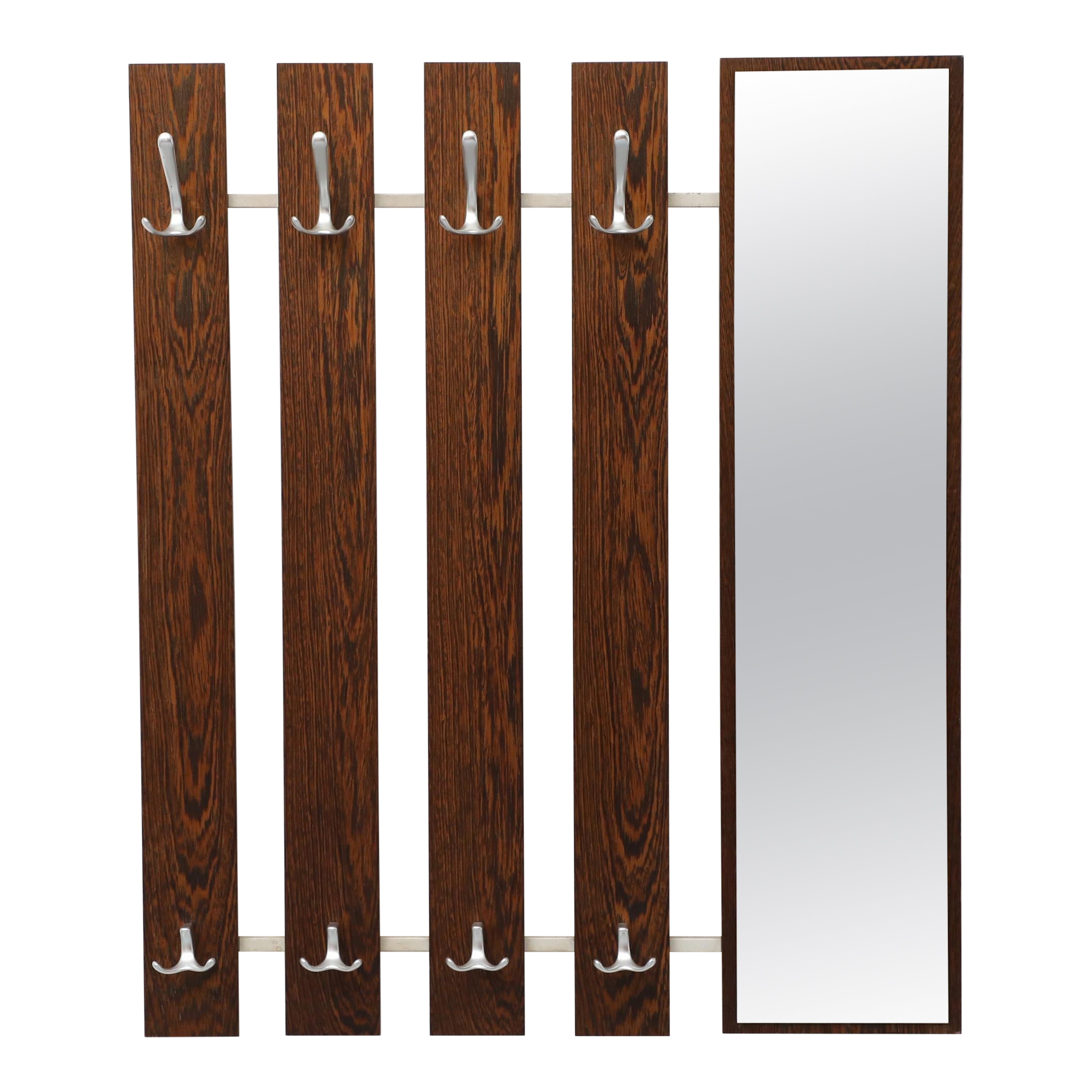 Mid-Century Wenge Slatted Wall Mounted Coat Rack with Mirror and Eight Hooks