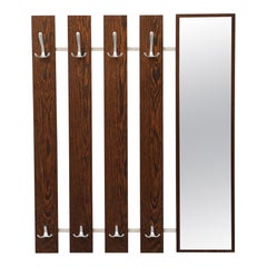 Mid-Century Wenge Slatted Wall Mounted Coat Rack with Mirror and Eight Hooks