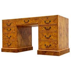 Burled Olive Wood Executive Desk - Vintage Campaign Double Pedestal Partner