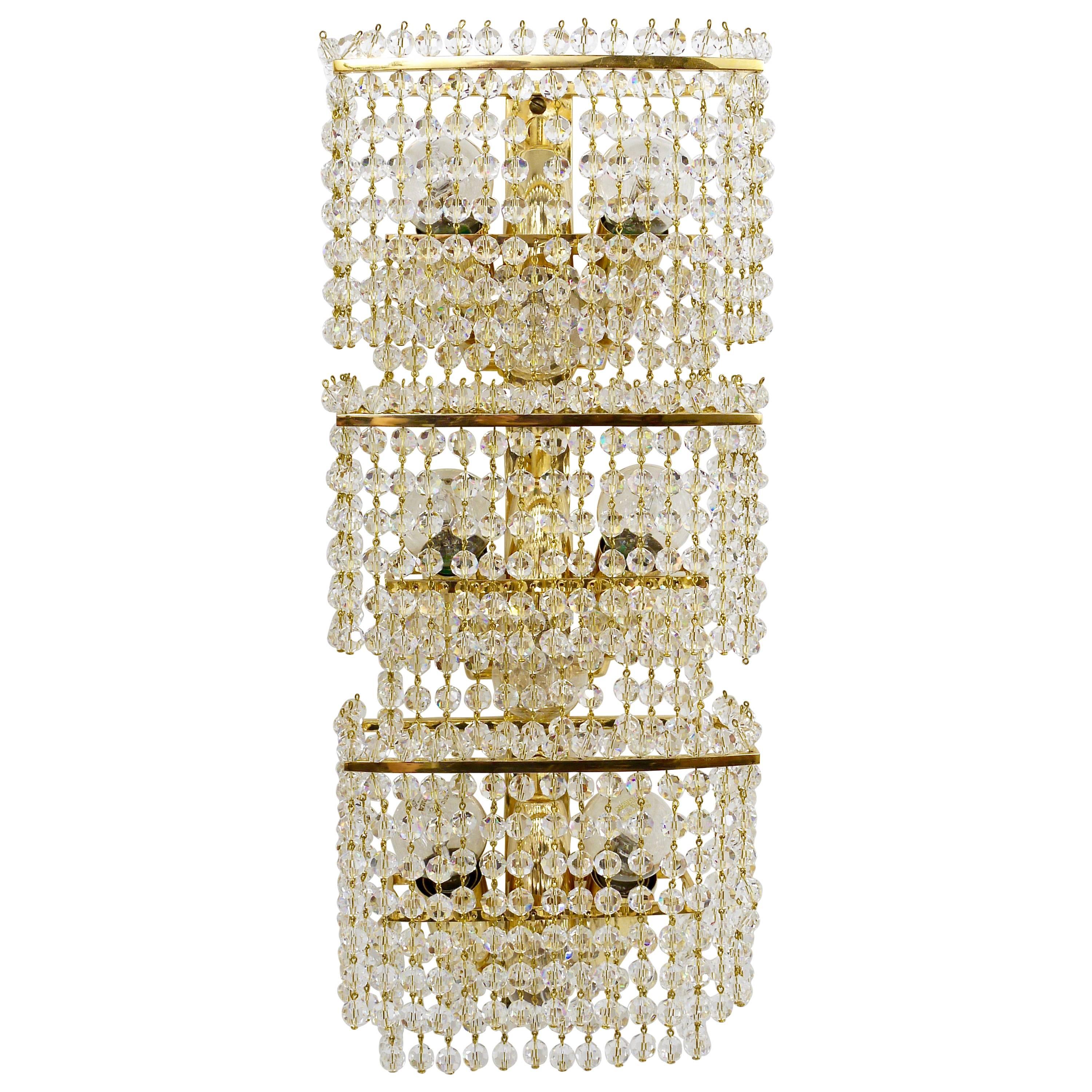 J. & L. Lobmeyr Huge Square Gold-Plated Crystal and Brass Sconce, Austria, 1970s