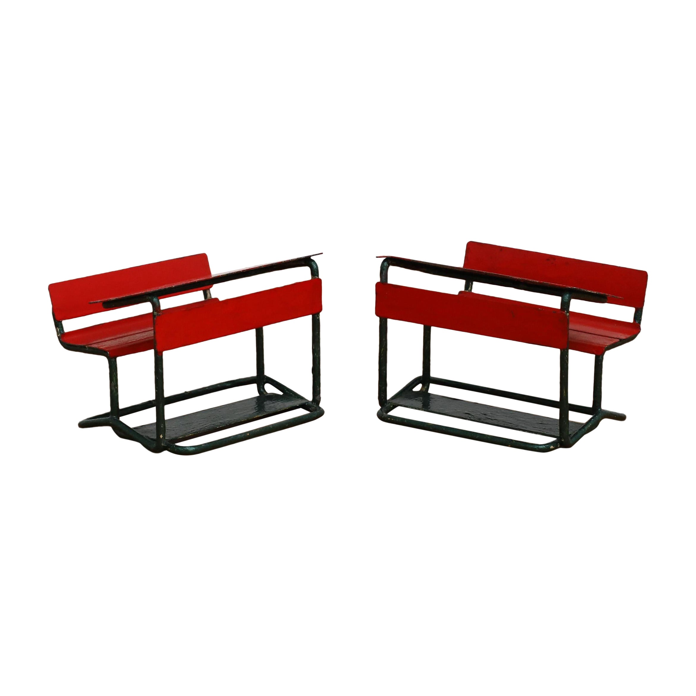 Mid-Century Miniature School Desks in Red and Black Painted Metal For Sale