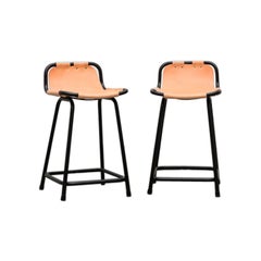 Pair of Charlotte Perriand Style Natural Leather Short Counter Stools
