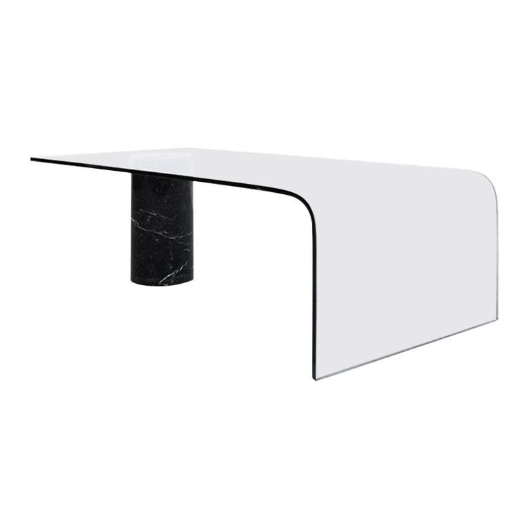 Massimo Vignelli Inspired Bent Glass Coffee Table with Black Marble Support