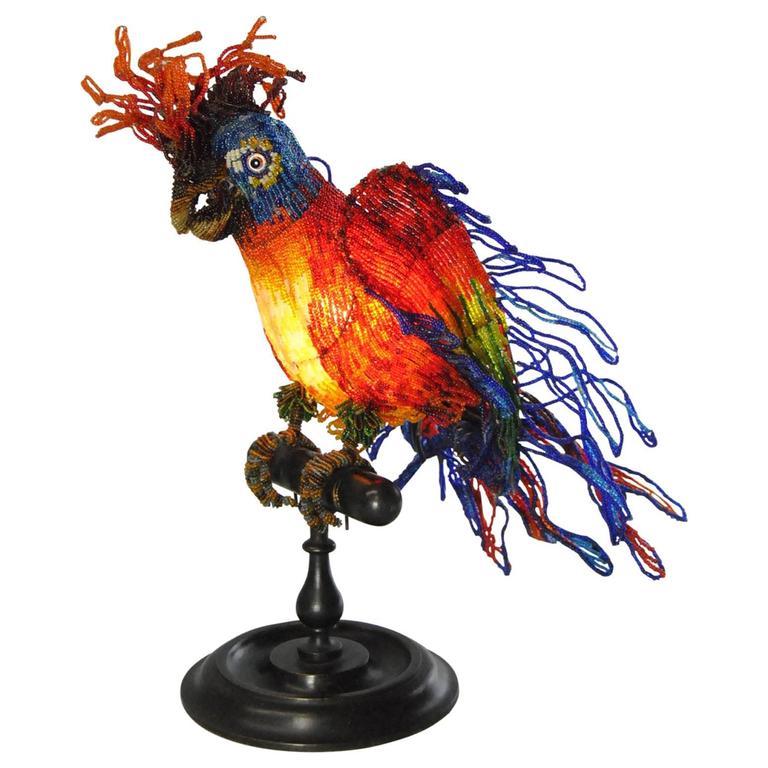 Antique Venetian Glass Beaded Parrot Lamp on Turned Wood ...