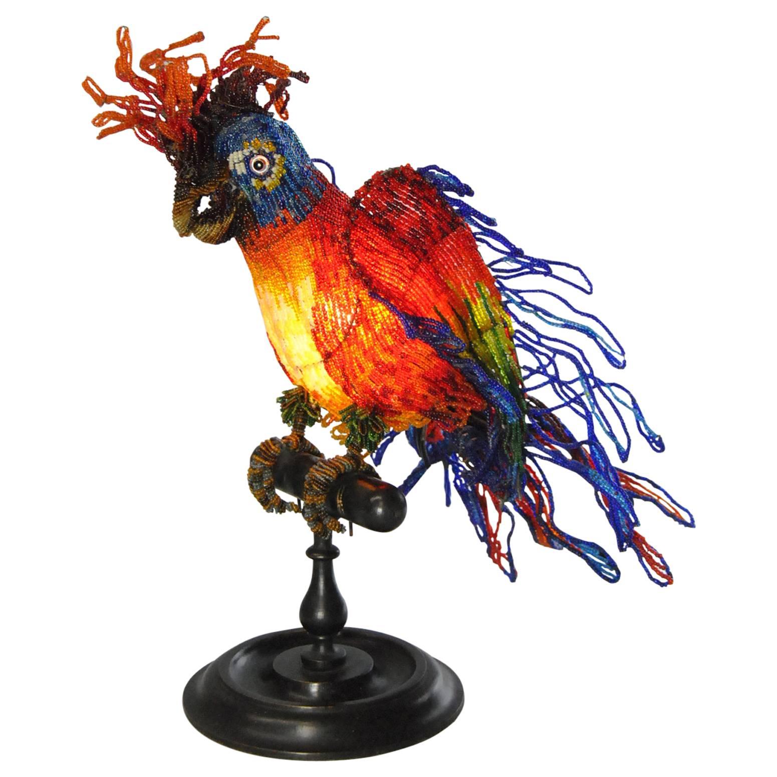 Antique Venetian Glass Beaded Parrot Lamp on Turned Wood Base