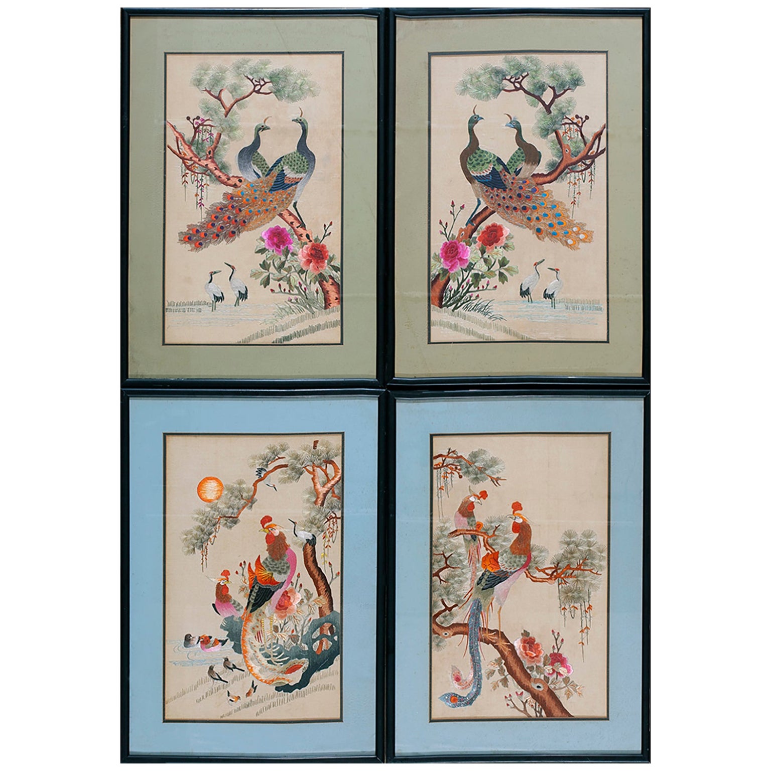 Early 20th Century Set of Silk Embroidery of Peacock & Phoenix