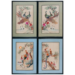Early 20th Century Set of Silk Embroidery of Peacock & Phoenix