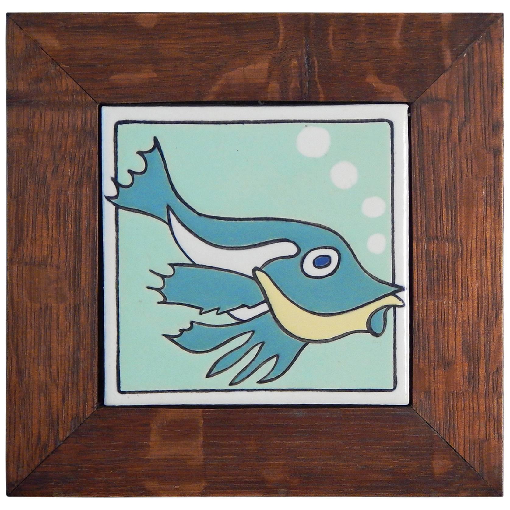 "Spiny Fish, " Rare Art Deco Tile with Quartersawn Oak Frame