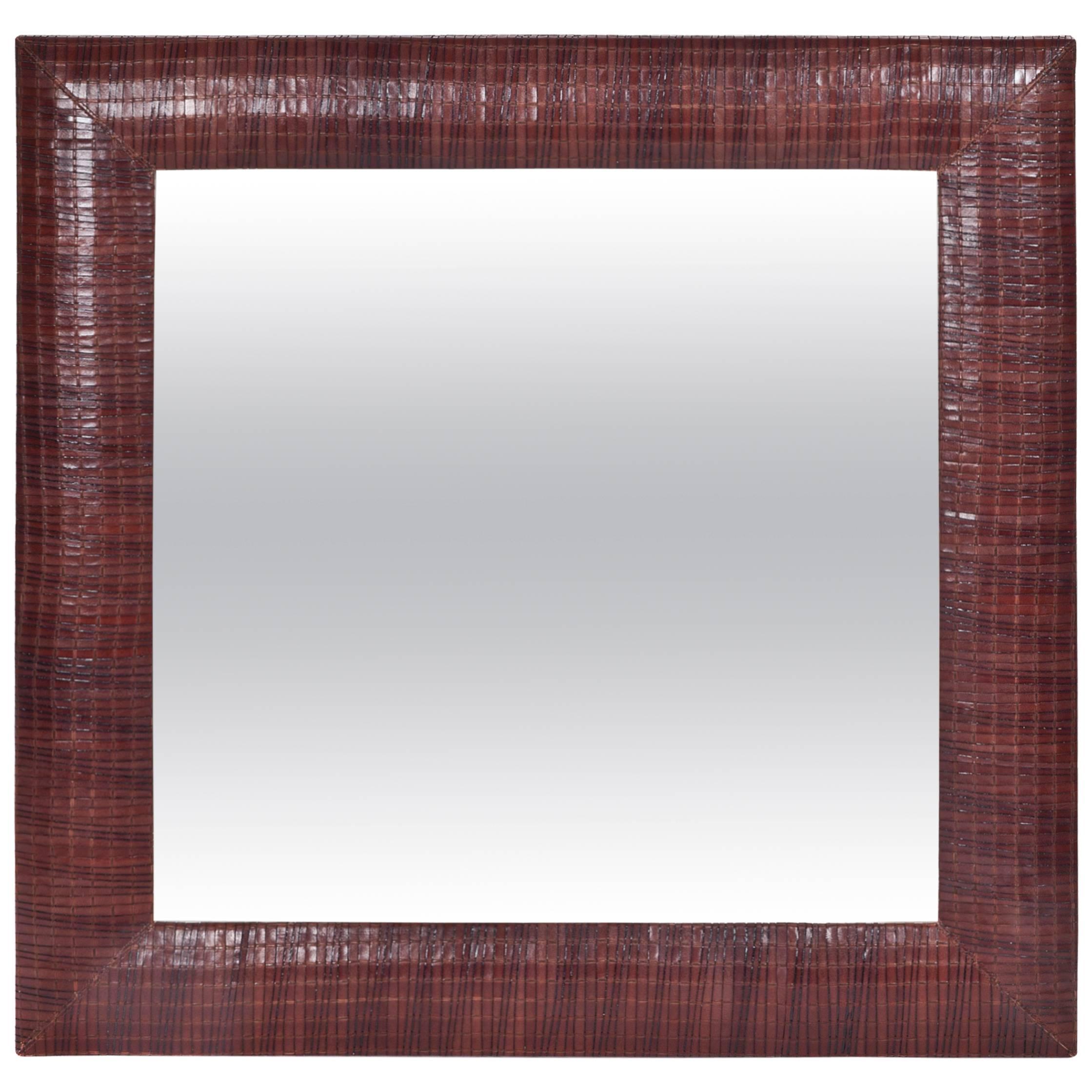 Hand-Woven Leather Framed Beveled Mirror