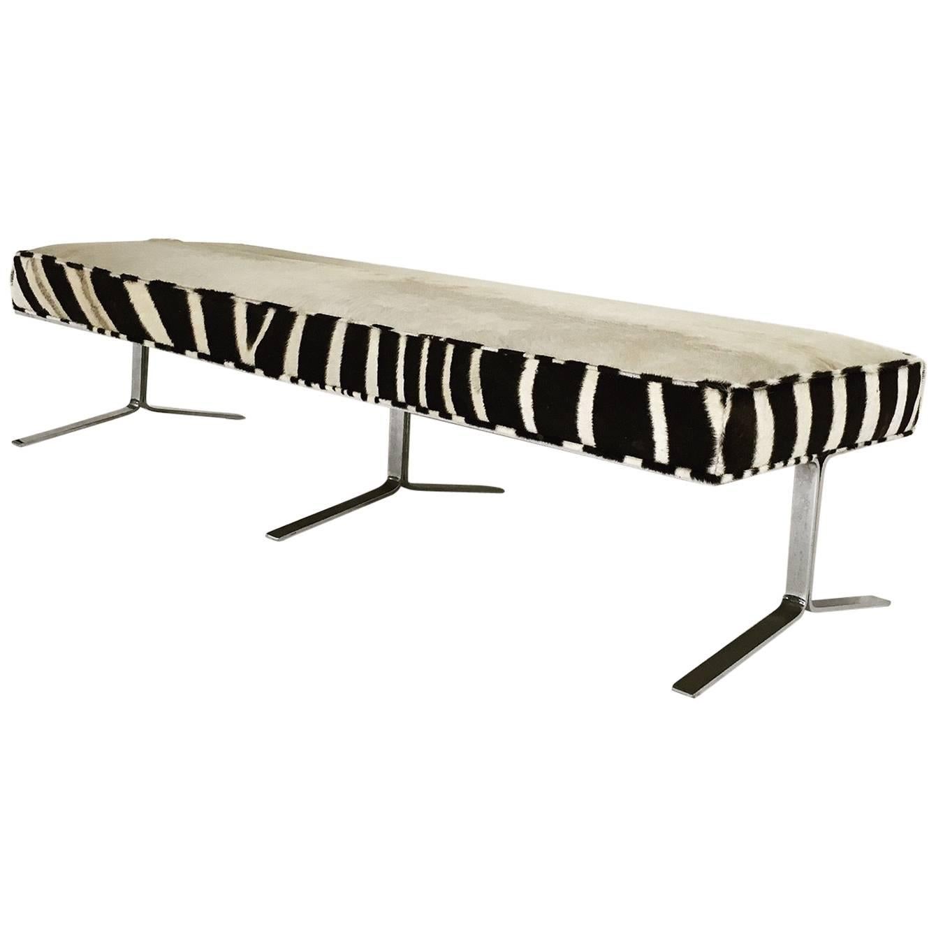 Modern Chrome Bench Restored in Ivory Cowhide and Zebra Hide