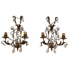 Pair of Gilded Metal and Crystals Wall Sconces in the style of Maison Baguès