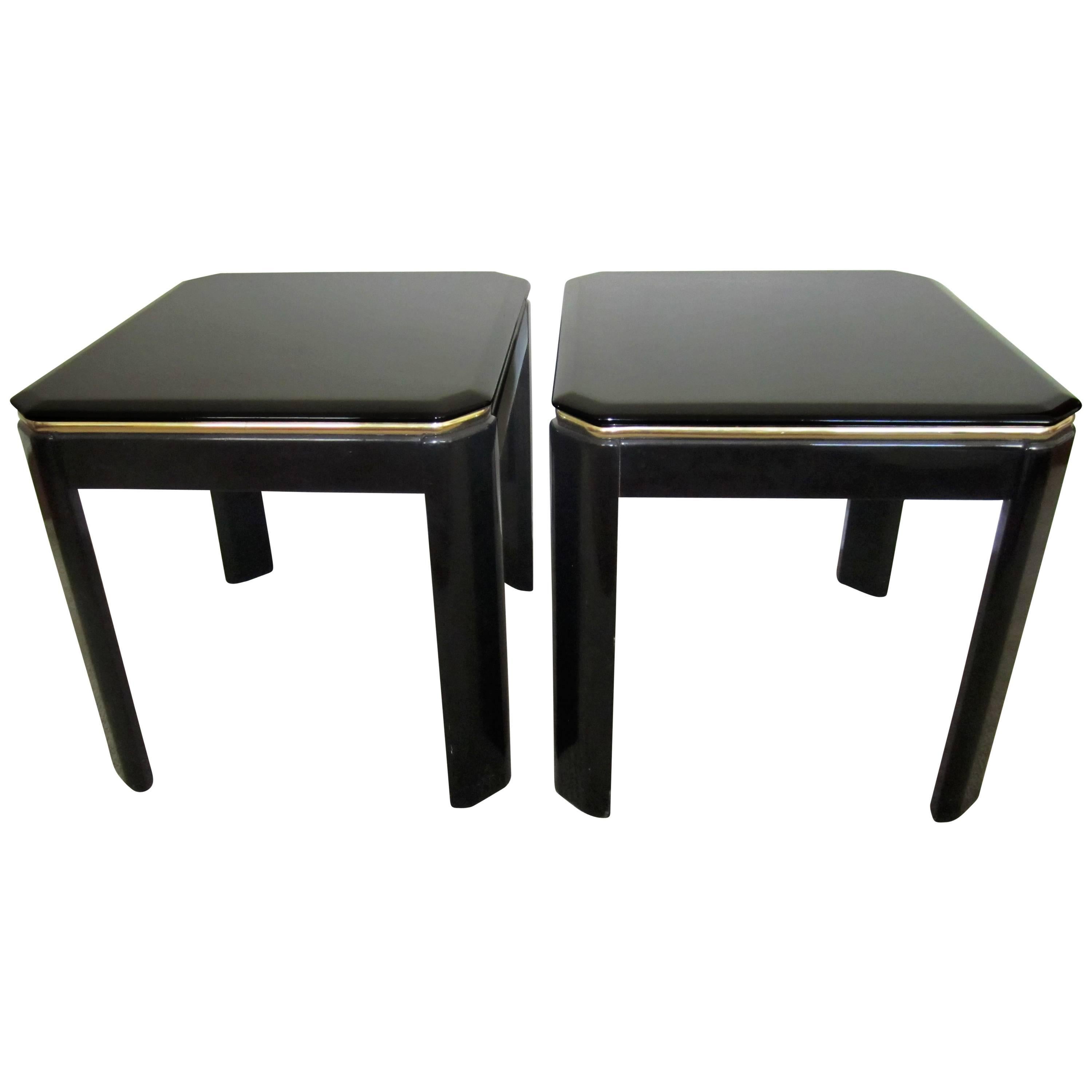 Pair Vintage Square Black Lacquer and Brass End Tables