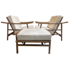 Pair Dark Natural Rattan Club Chairs with Ottoman by Ficks Reed, 1960s