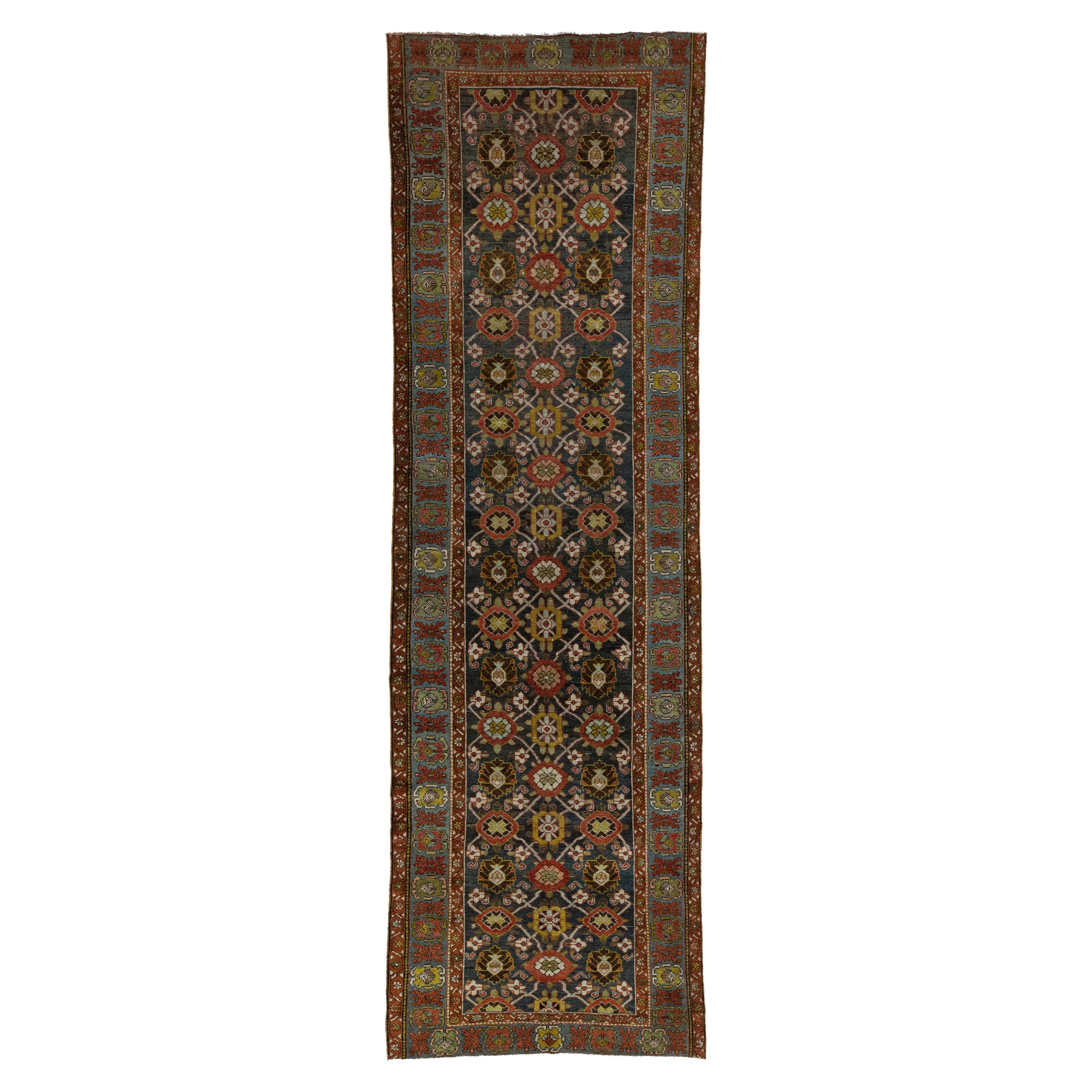 Handmade Designed From The 1900s Antike Bidjar Wolle Läufer In Blau