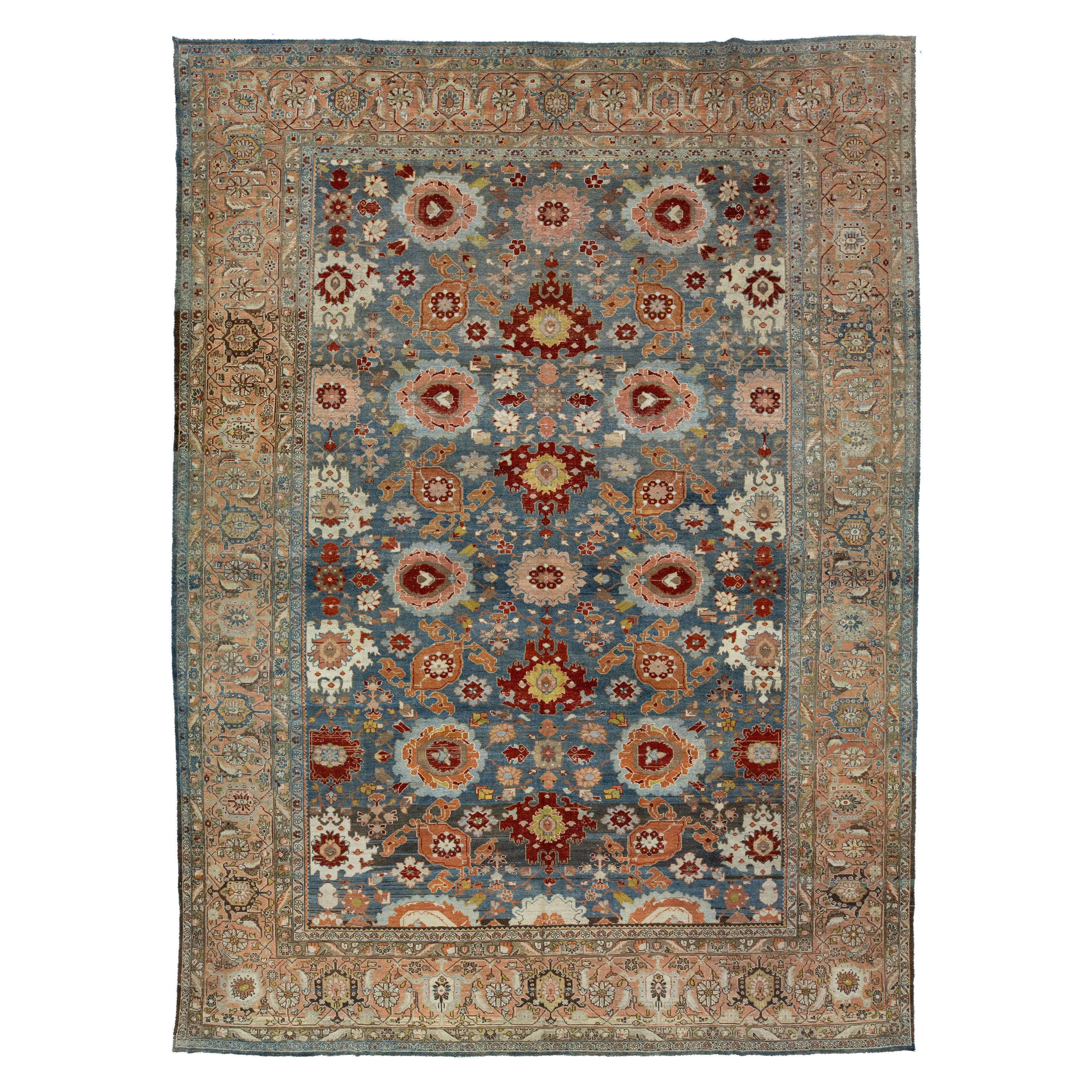 10 x 14 Allover Bidjar Persischer Wollteppich in Blau mit Blumenmuster im Angebot