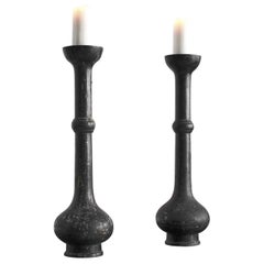 Pair Of Large Edo Period Japanese Bronze Candlesticks Wabi Sabi