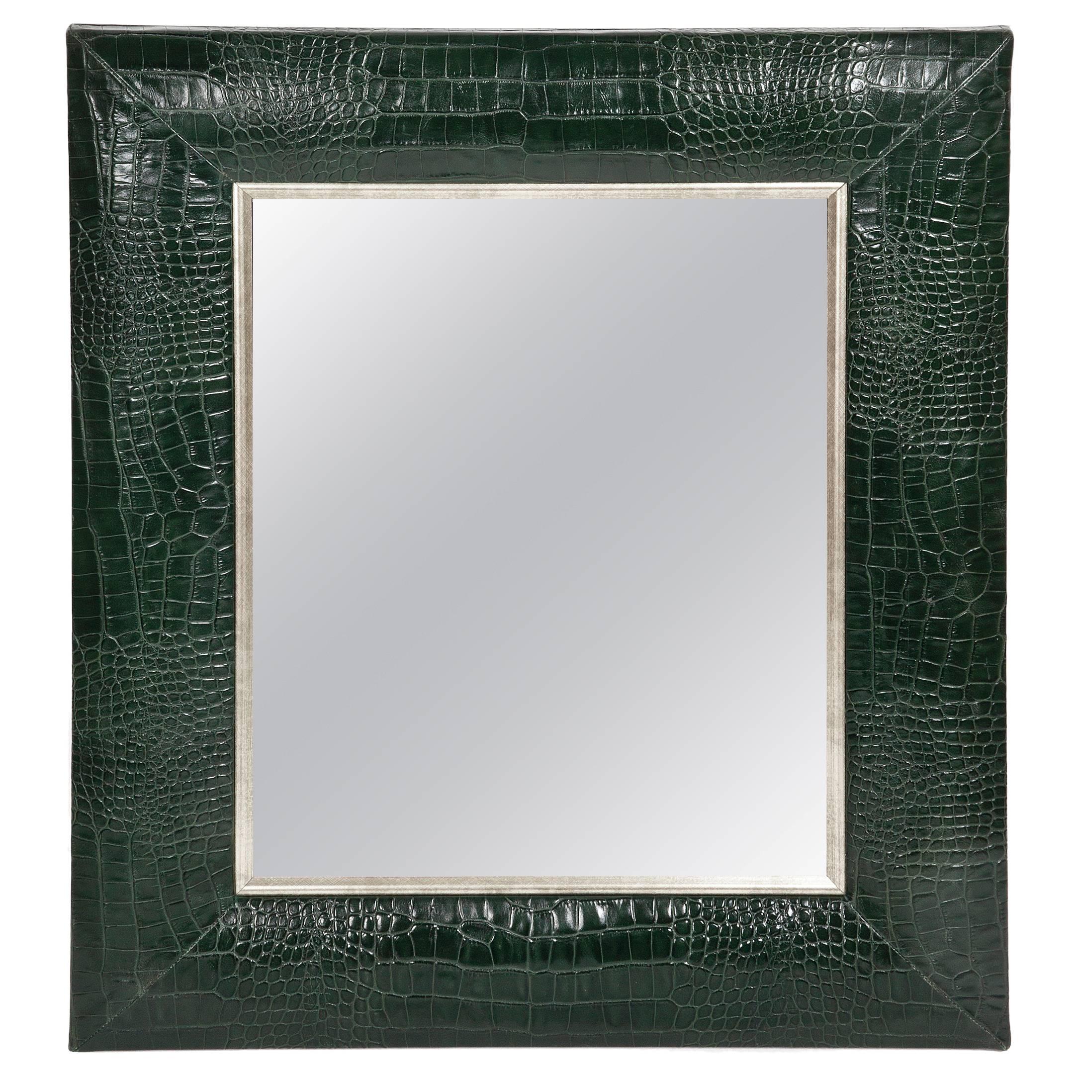 Classic Hunter Green Croc Leather Framed Mirror with Silver Details