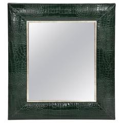 Contemporary Classic Hunter Green Croc Leather Framed Mirror with Silver Details 11