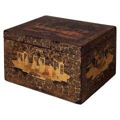 Rara caja de laca negra chinoiserie del siglo XIX, c. 1850